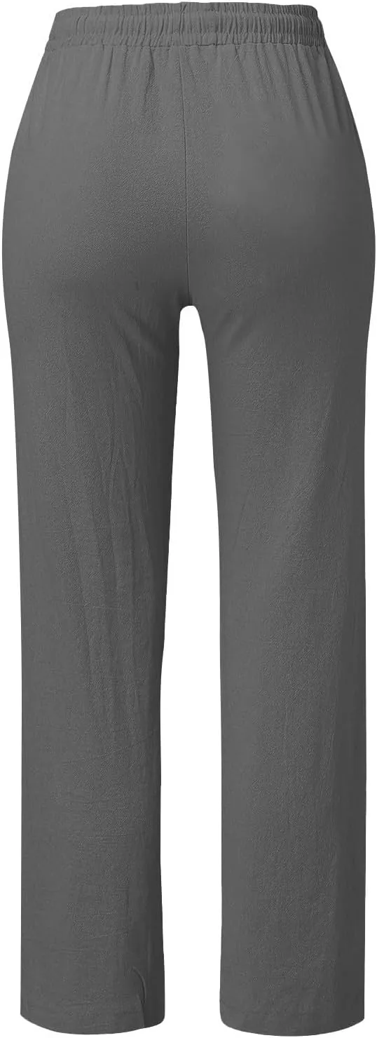 Linen Pants Women 2025 Summer Drawstring Elastic High Waisted Straight Leg Trousers Baggy Lounge Pants with Pockets