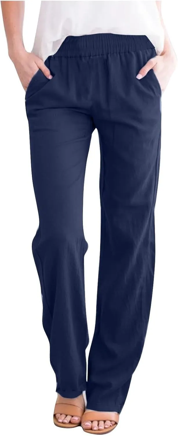 Linen Pants Women 2025 Summer Lightweight Baggy Lounge Pants Elastic High Waisted Straight Leg Pull on Pants with Pockets
