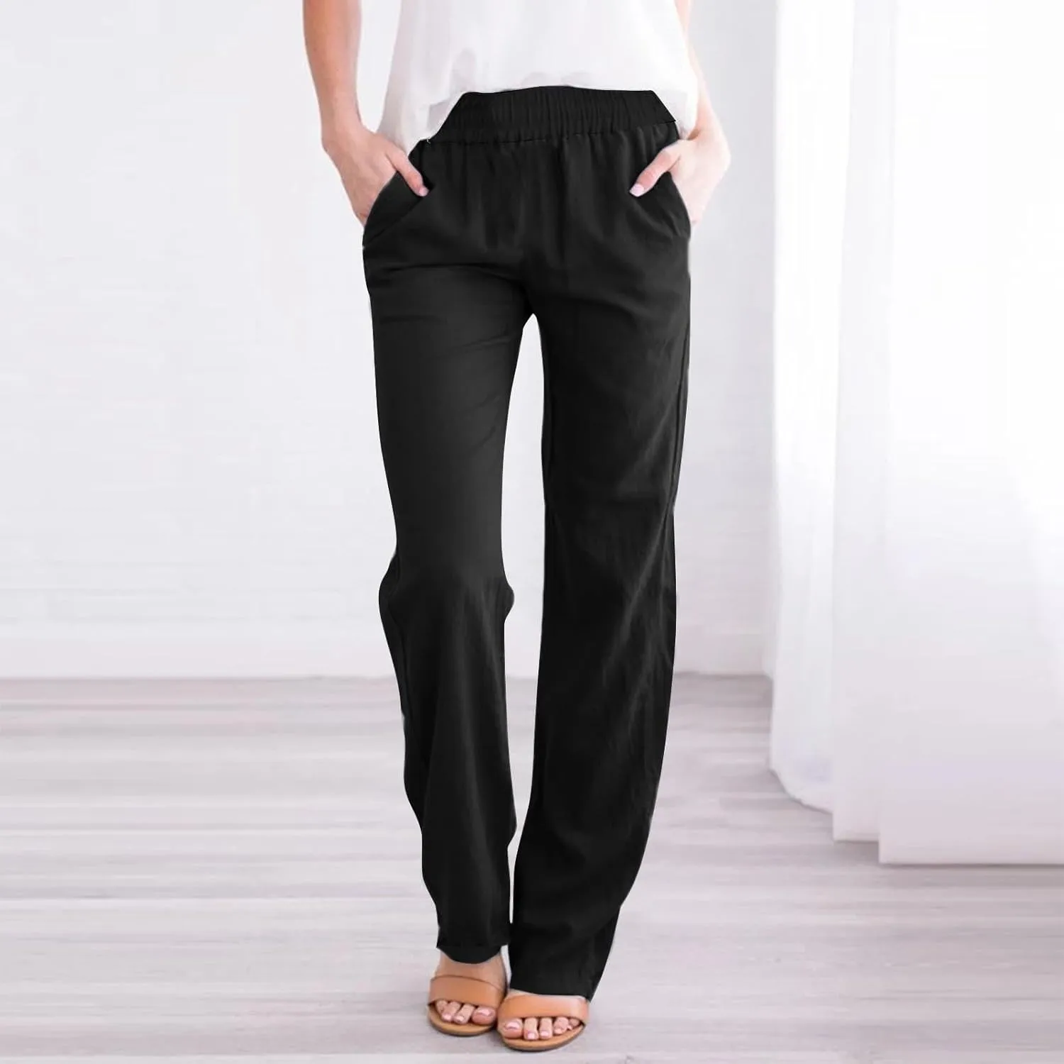 Linen Pants Women 2025 Summer Lightweight Baggy Lounge Pants Elastic High Waisted Straight Leg Pull on Pants with Pockets