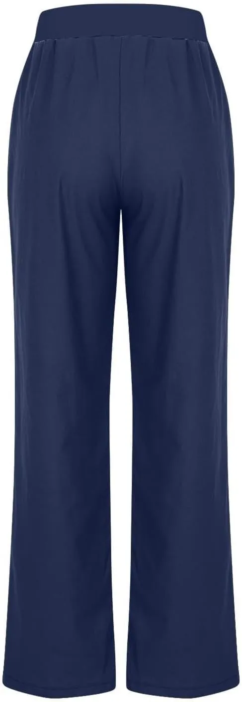 Linen Pants Women 2025 Summer Lightweight Baggy Lounge Pants Elastic High Waisted Straight Leg Pull on Pants with Pockets