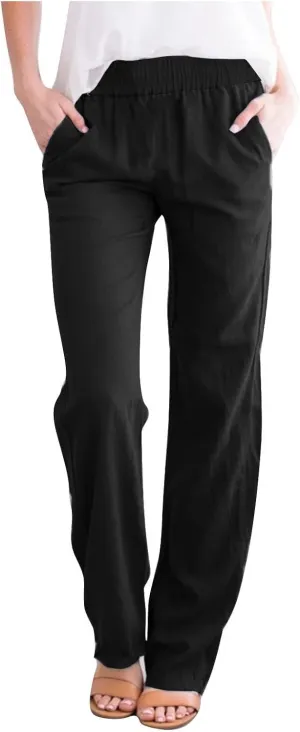 Linen Pants Women 2025 Summer Lightweight Baggy Lounge Pants Elastic High Waisted Straight Leg Pull on Pants with Pockets