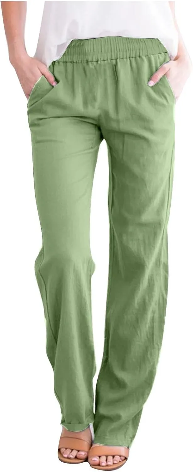 Linen Pants Women 2025 Summer Lightweight Baggy Lounge Pants Elastic High Waisted Straight Leg Pull on Pants with Pockets