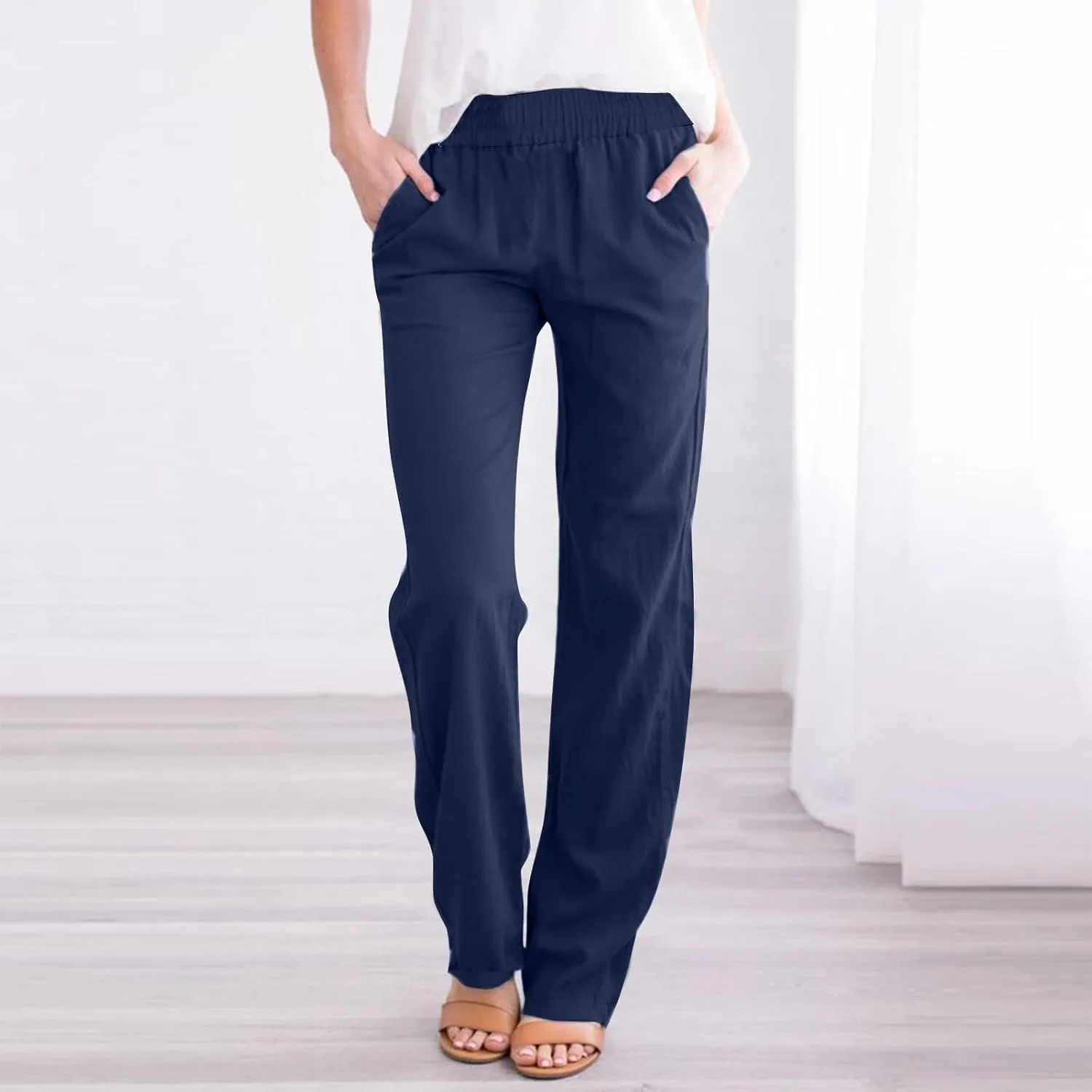 Linen Pants Women 2025 Summer Lightweight Baggy Lounge Pants Elastic High Waisted Straight Leg Pull on Pants with Pockets