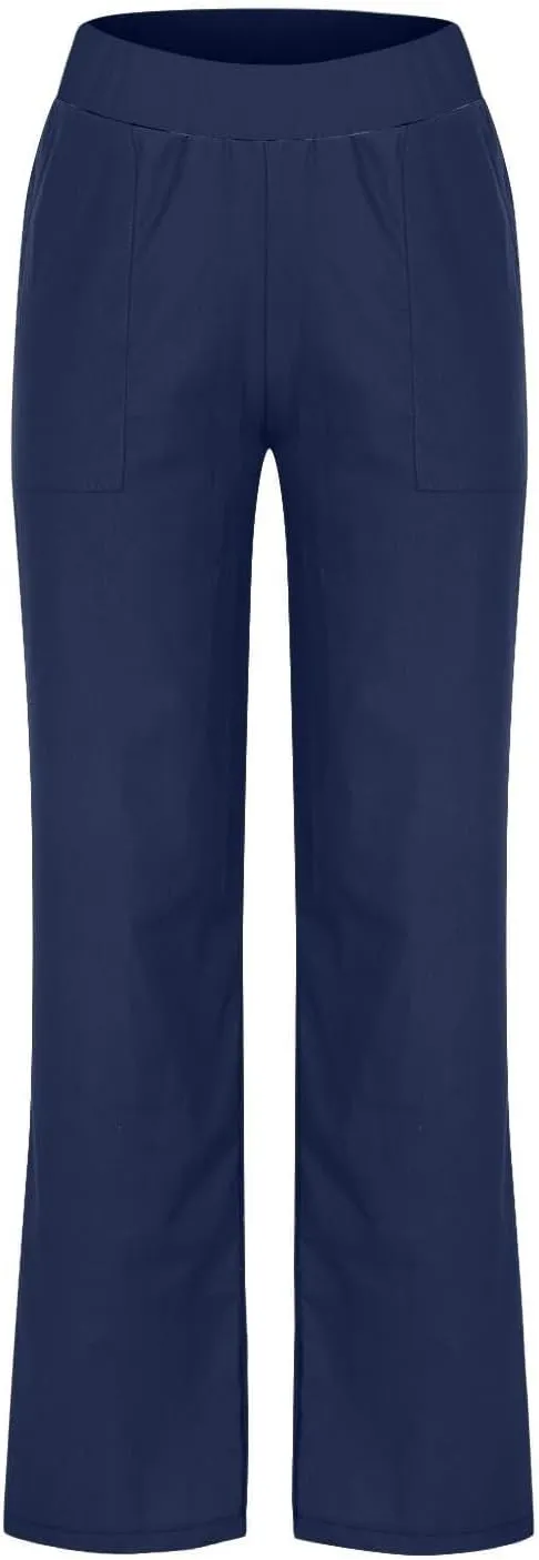 Linen Pants Women 2025 Summer Lightweight Baggy Lounge Pants Elastic High Waisted Straight Leg Pull on Pants with Pockets