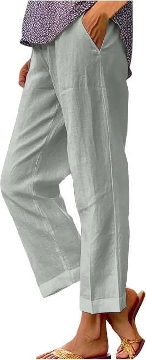 Linen Pants Women Comfy Elastic Waist Lightweight Boho Trousers with Pockets Soft Cotton Summer Hawaiian Beach Pants