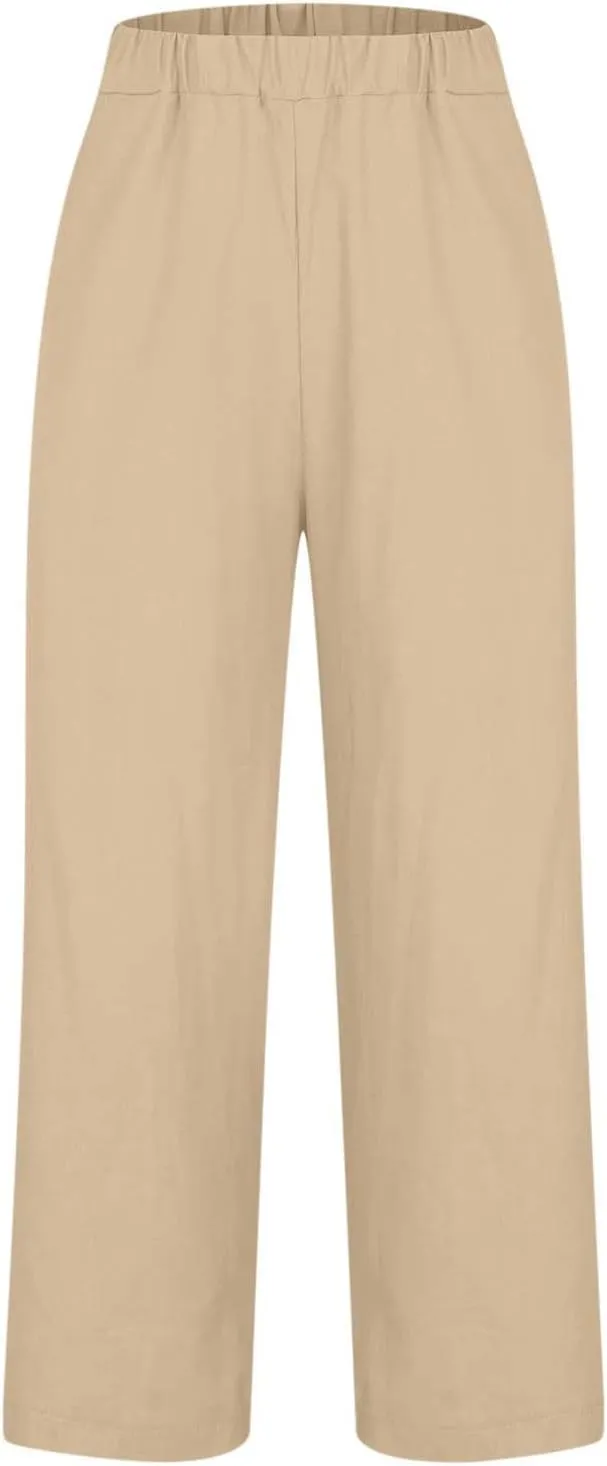 Linen Pants Women Comfy Elastic Waist Lightweight Boho Trousers with Pockets Soft Cotton Summer Hawaiian Beach Pants