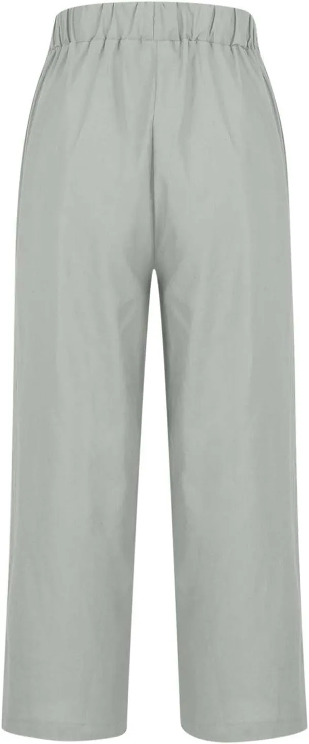 Linen Pants Women Comfy Elastic Waist Lightweight Boho Trousers with Pockets Soft Cotton Summer Hawaiian Beach Pants