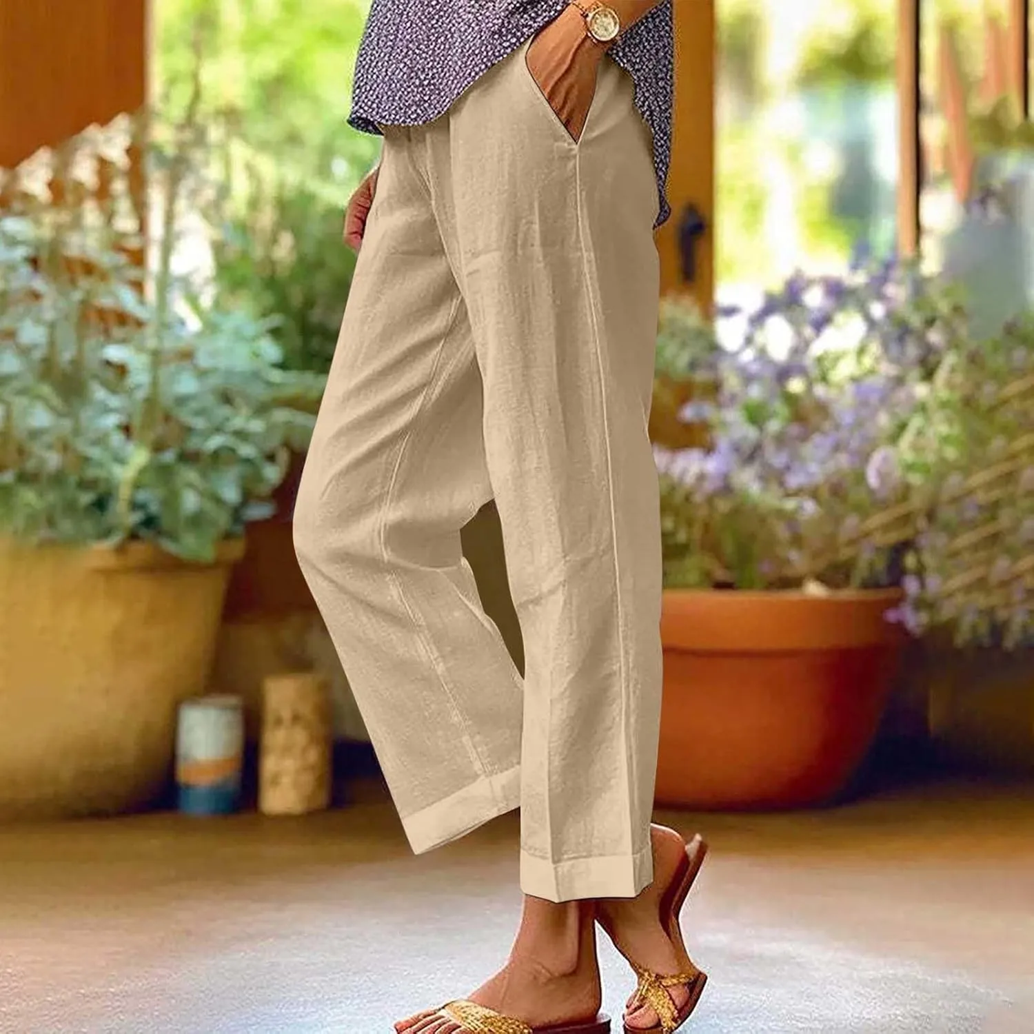 Linen Pants Women Comfy Elastic Waist Lightweight Boho Trousers with Pockets Soft Cotton Summer Hawaiian Beach Pants