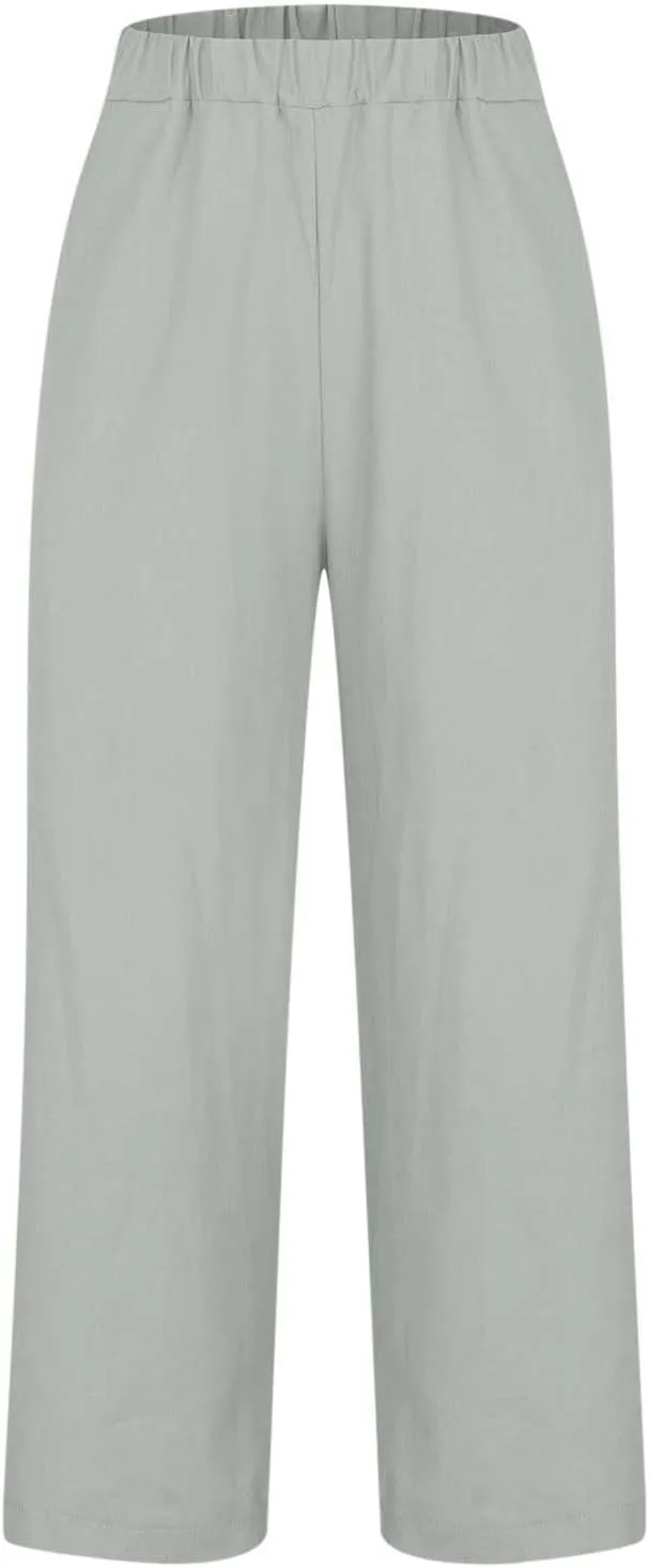 Linen Pants Women Comfy Elastic Waist Lightweight Boho Trousers with Pockets Soft Cotton Summer Hawaiian Beach Pants