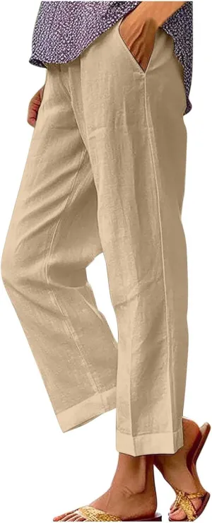 Linen Pants Women Comfy Elastic Waist Lightweight Boho Trousers with Pockets Soft Cotton Summer Hawaiian Beach Pants