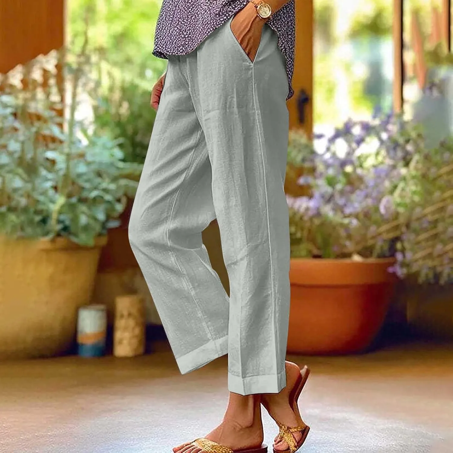 Linen Pants Women Comfy Elastic Waist Lightweight Boho Trousers with Pockets Soft Cotton Summer Hawaiian Beach Pants