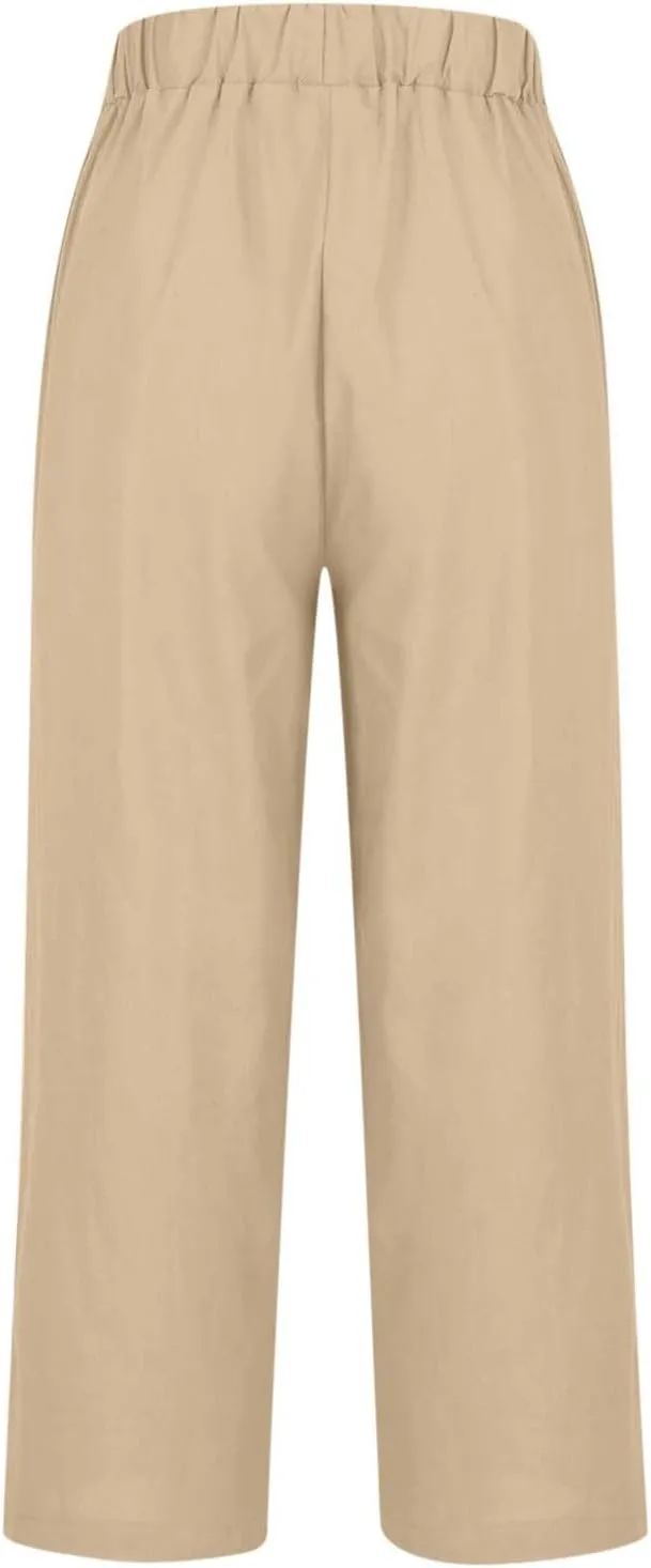 Linen Pants Women Comfy Elastic Waist Lightweight Boho Trousers with Pockets Soft Cotton Summer Hawaiian Beach Pants