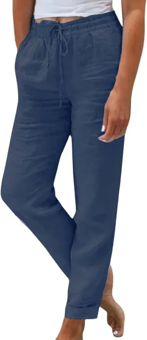 Linen Pants Women Lounge Athletic Work Elastic Comfy Bermuda Petite High Waisted Palazzo Capri Joggers Set