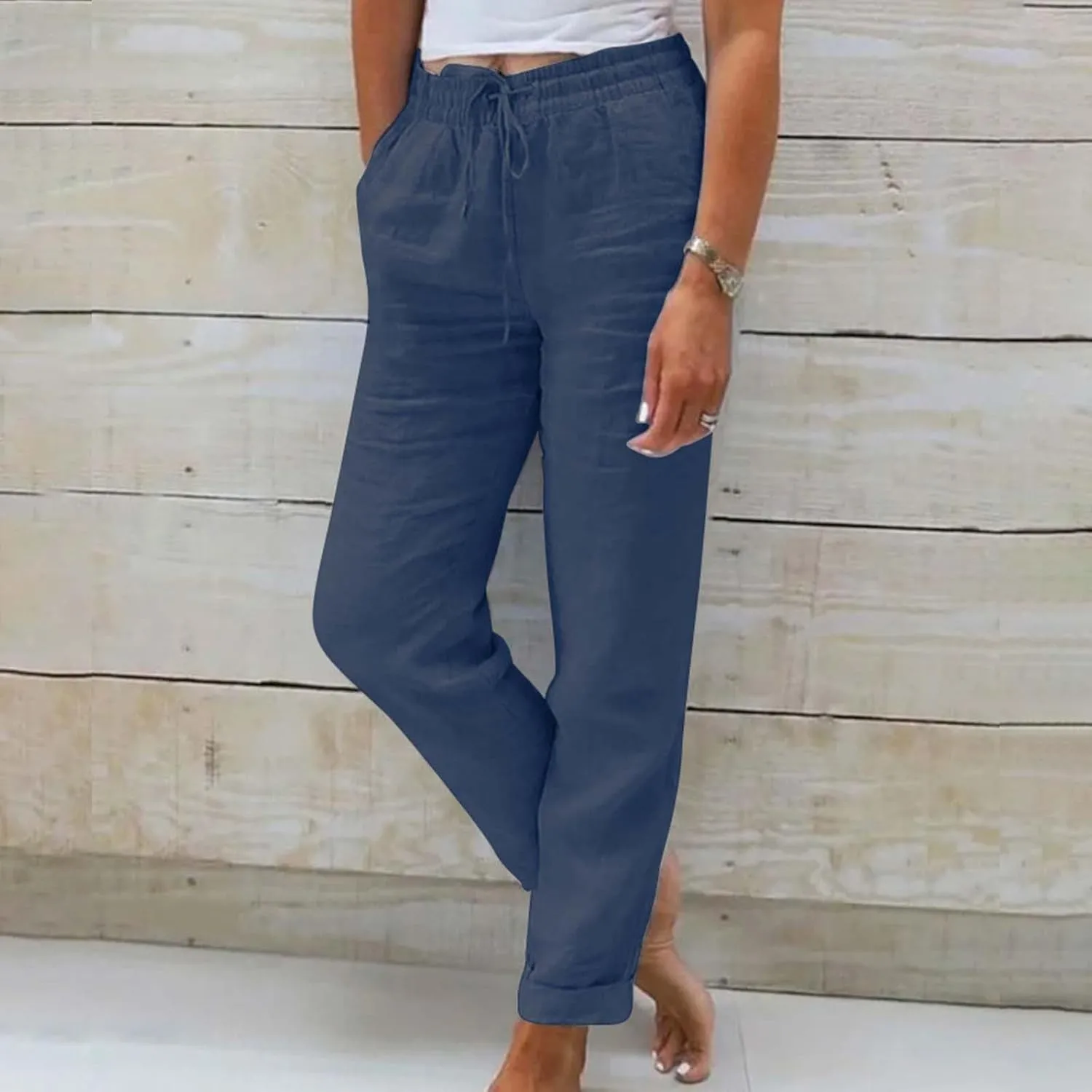 Linen Pants Women Lounge Athletic Work Elastic Comfy Bermuda Petite High Waisted Palazzo Capri Joggers Set