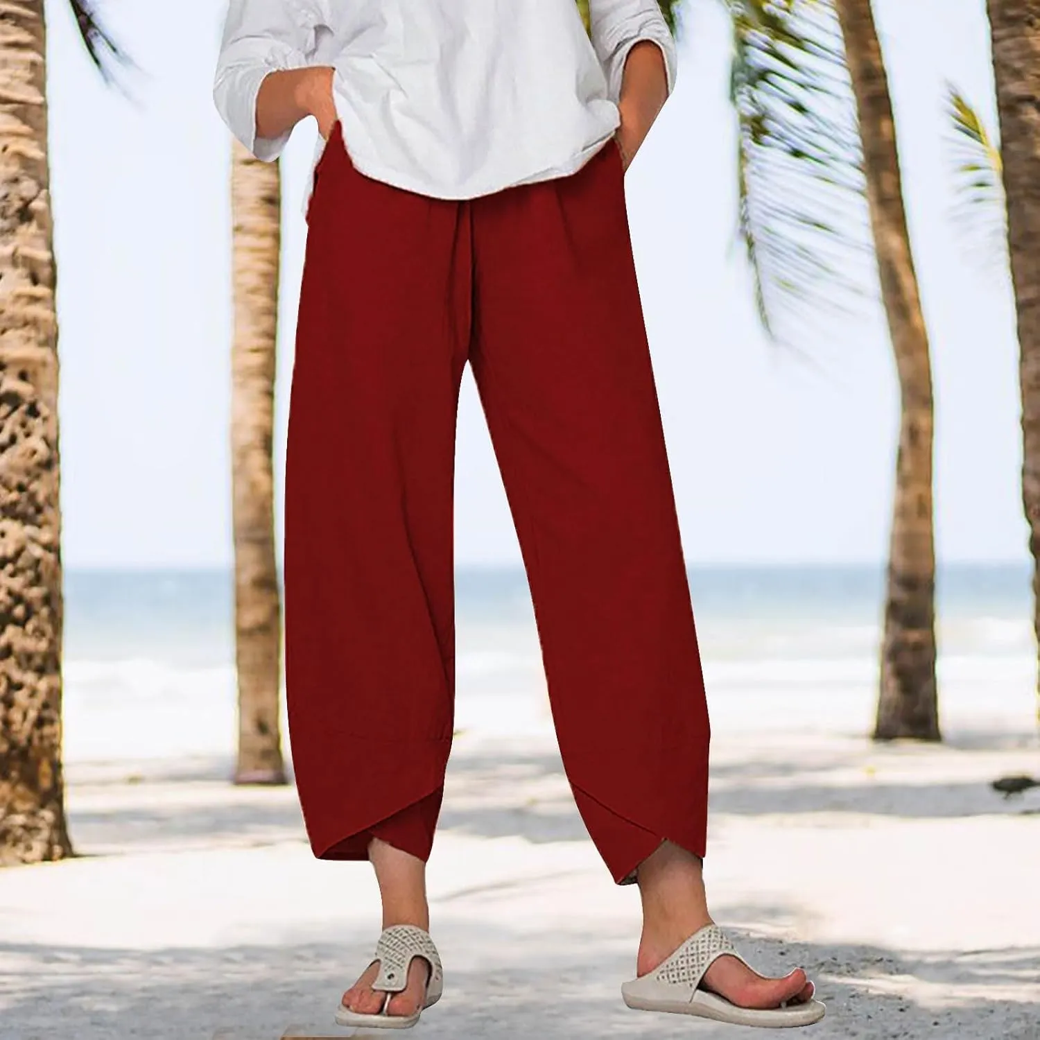 Linen Pants Women Pants Casual Cropped Baggy Trousers Elastic Waisted Yoga Comfy Casual Pants