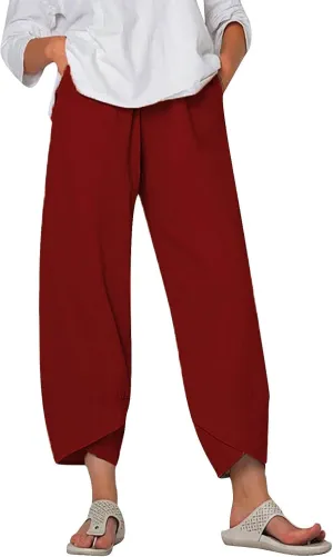 Linen Pants Women Pants Casual Cropped Baggy Trousers Elastic Waisted Yoga Comfy Casual Pants