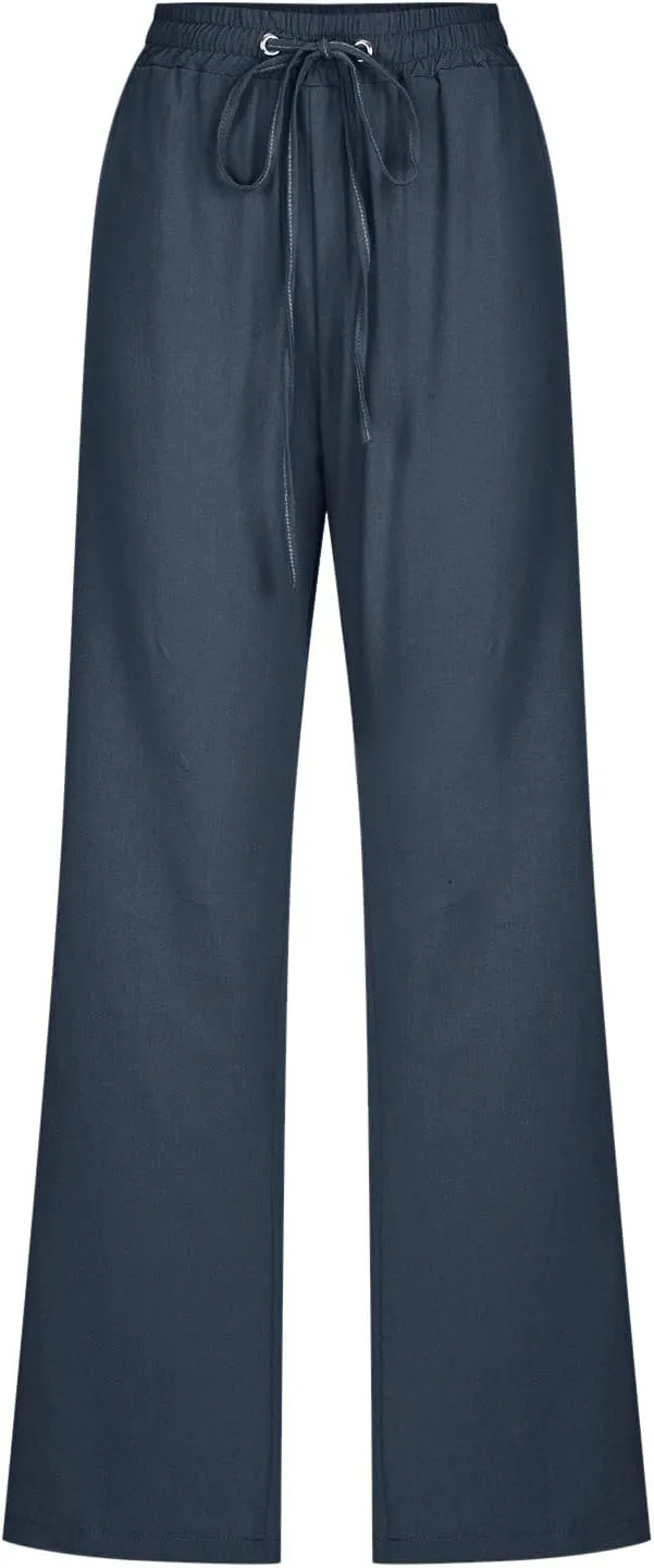 Linen Pants Women Straight Leg Drawstring Elastic High Waist Loose Comfy Trousers Summer Beach Pant with Pockets