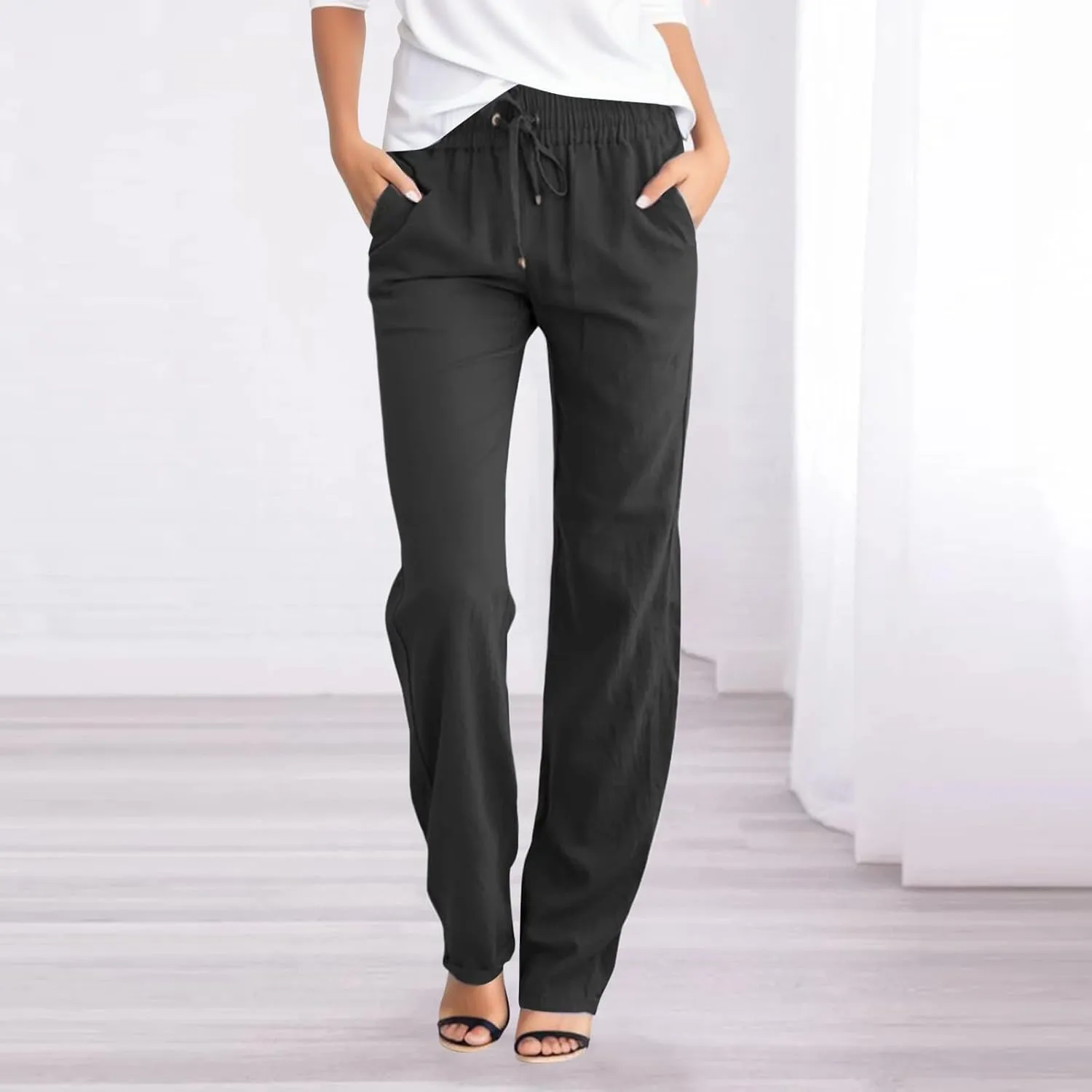 Linen Pants Women Straight Leg Drawstring Elastic High Waist Loose Comfy Trousers Summer Beach Pant with Pockets