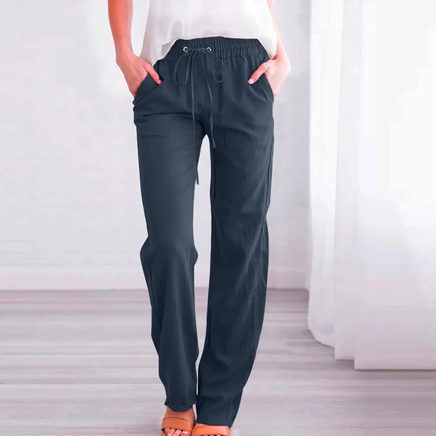 Linen Pants Women Straight Leg Drawstring Elastic High Waist Loose Comfy Trousers Summer Beach Pant with Pockets