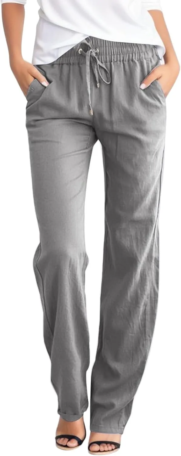Linen Pants Women Straight Leg Drawstring Elastic High Waist Loose Comfy Trousers Summer Beach Pant with Pockets
