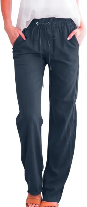 Linen Pants Women Straight Leg Drawstring Elastic High Waist Loose Comfy Trousers Summer Beach Pant with Pockets
