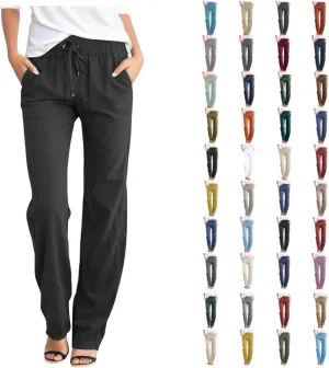 Linen Pants Women Straight Leg Drawstring Elastic High Waist Loose Comfy Trousers Summer Beach Pant with Pockets
