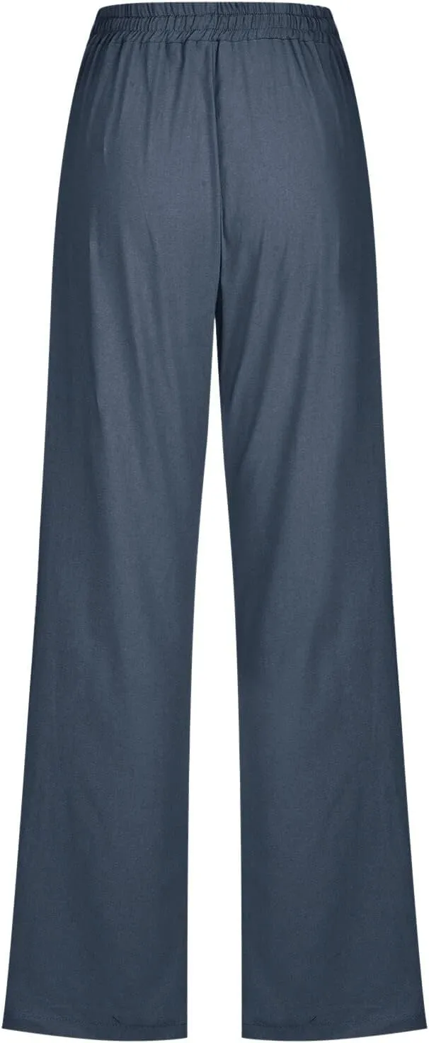Linen Pants Women Straight Leg Drawstring Elastic High Waist Loose Comfy Trousers Summer Beach Pant with Pockets