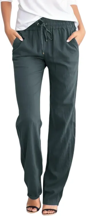 Linen Pants Women Straight Leg Drawstring Elastic High Waist Loose Comfy Trousers Summer Beach Pant with Pockets