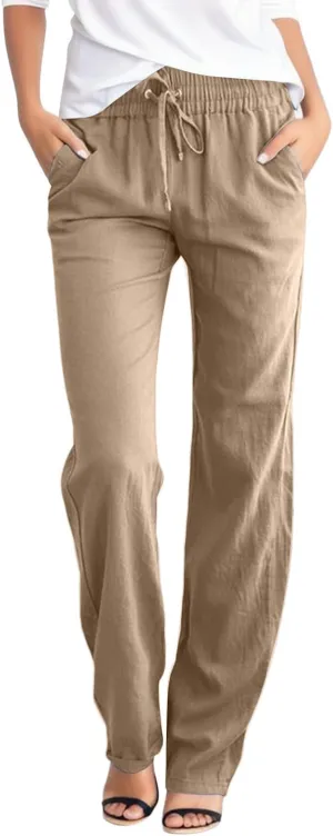 Linen Pants Women Straight Leg Drawstring Elastic High Waist Loose Comfy Trousers Summer Beach Pant with Pockets