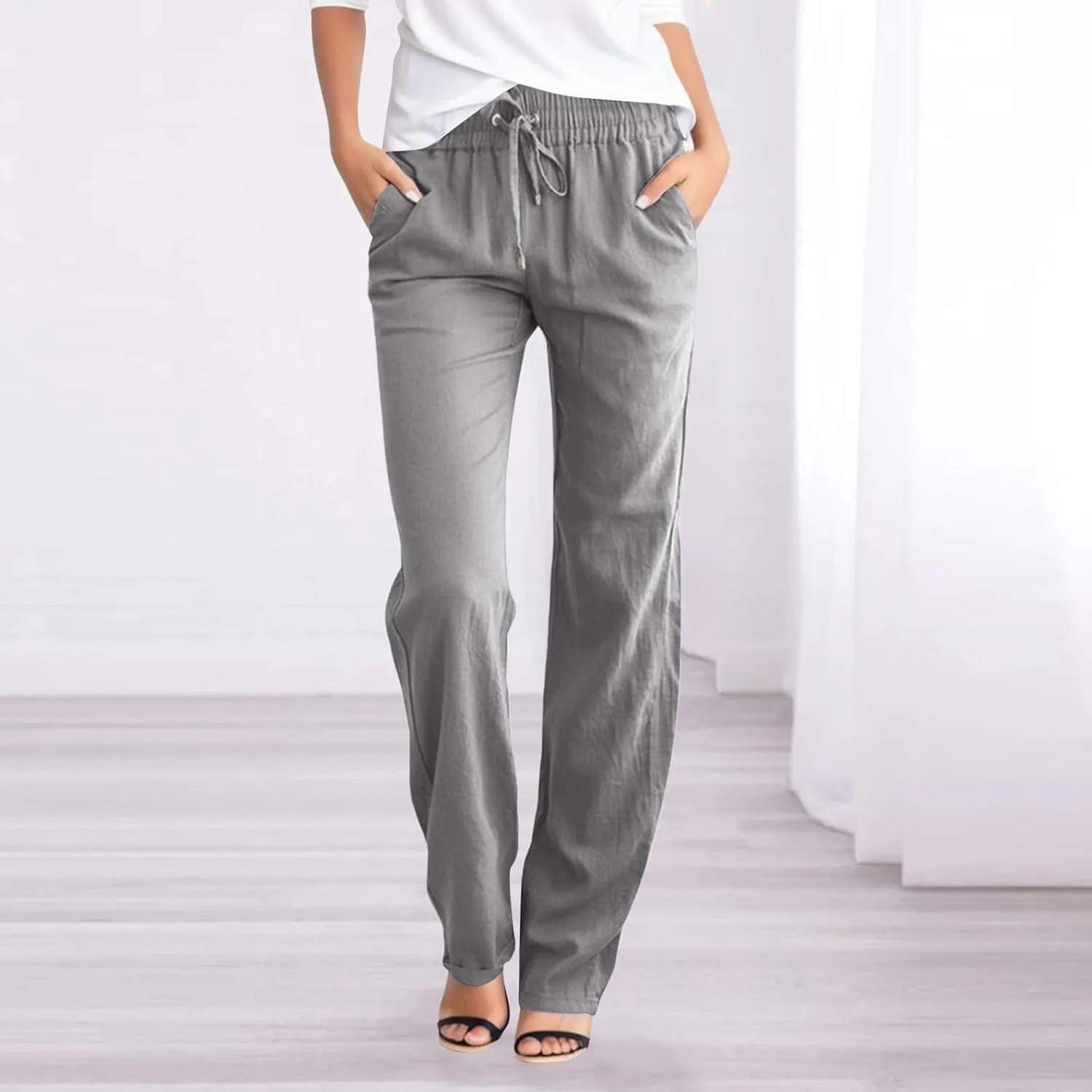 Linen Pants Women Straight Leg Drawstring Elastic High Waist Loose Comfy Trousers Summer Beach Pant with Pockets