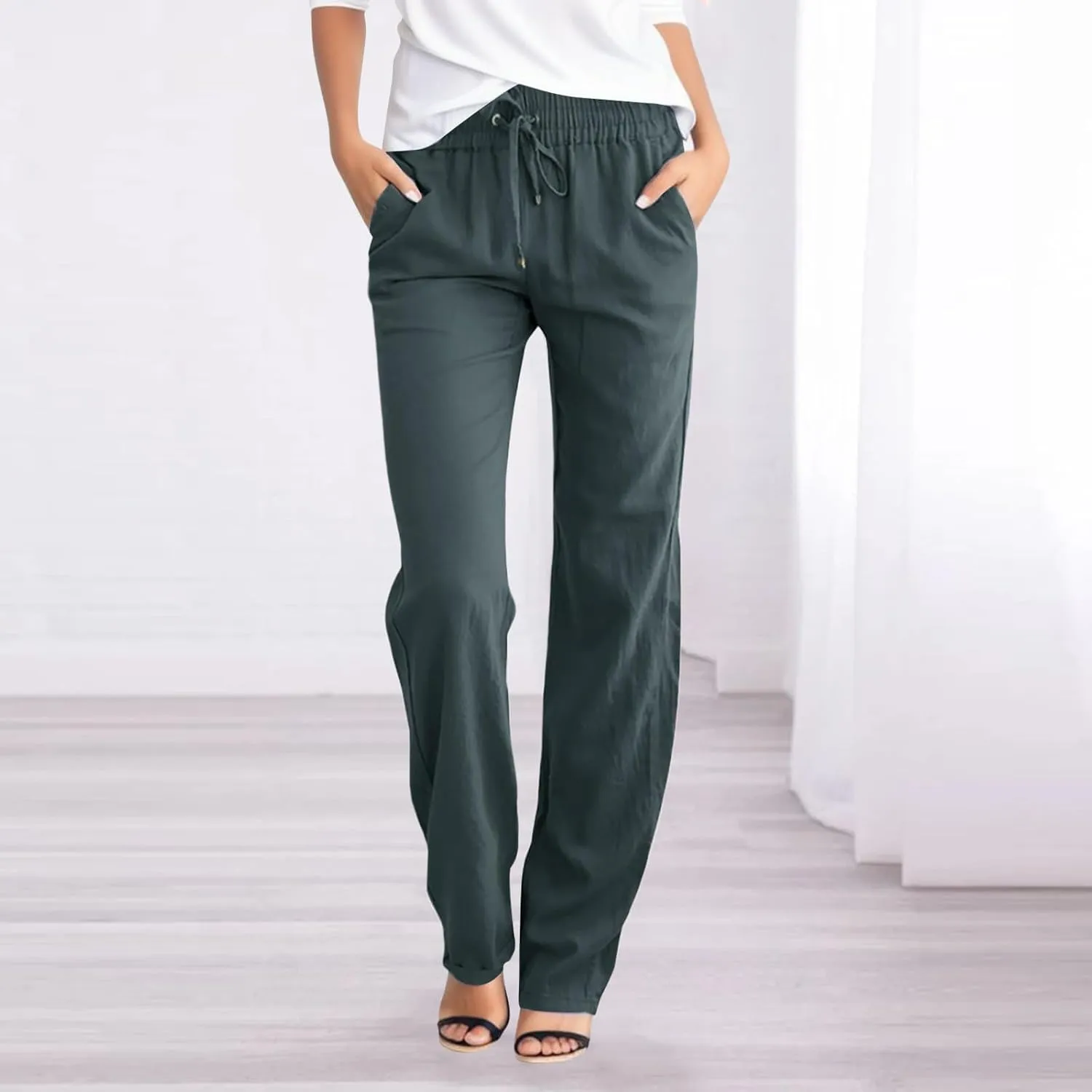 Linen Pants Women Straight Leg Drawstring Elastic High Waist Loose Comfy Trousers Summer Beach Pant with Pockets