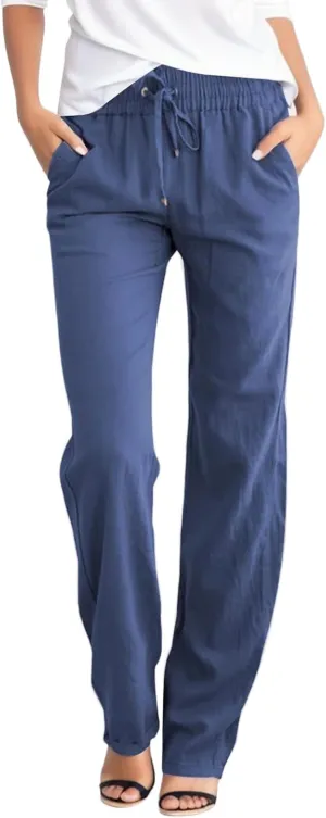 Linen Pants Women Straight Leg Drawstring Elastic High Waist Loose Comfy Trousers Summer Beach Pant with Pockets