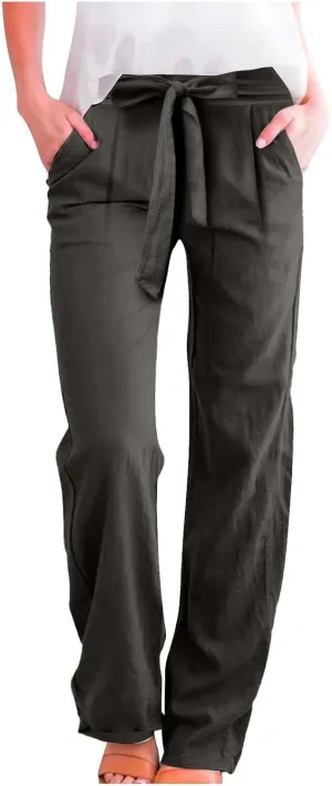 Linen Pants Women Summer Straight Leg High Waisted Work Pants with Pockets Plus Size Elastic Waist Pants Trousers