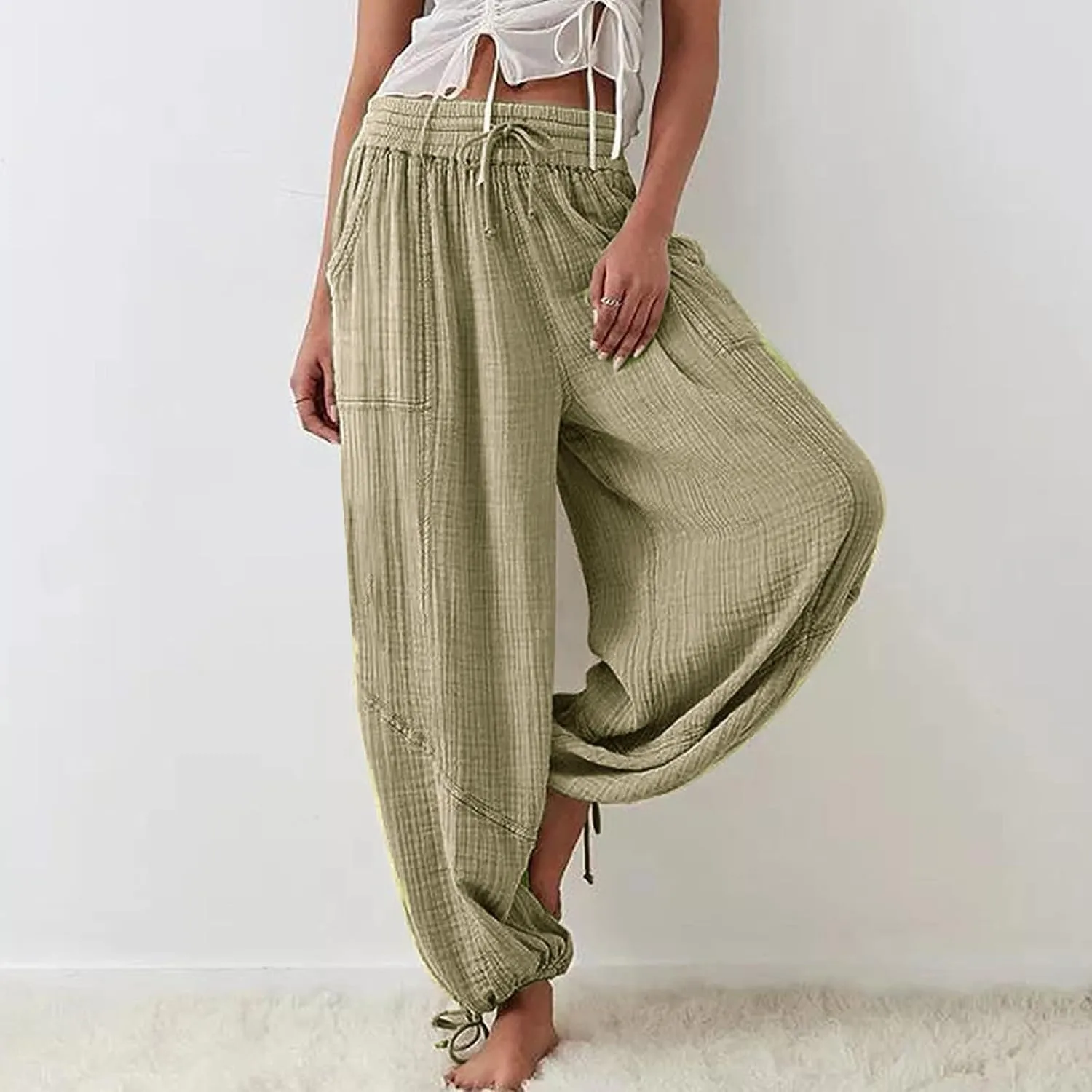 Litetao Wide Leg Pants Women Plus Size Comfy Hippie Harem Pants Baggy Linen High Waist Sweatpants Casual Trouser with Pockets