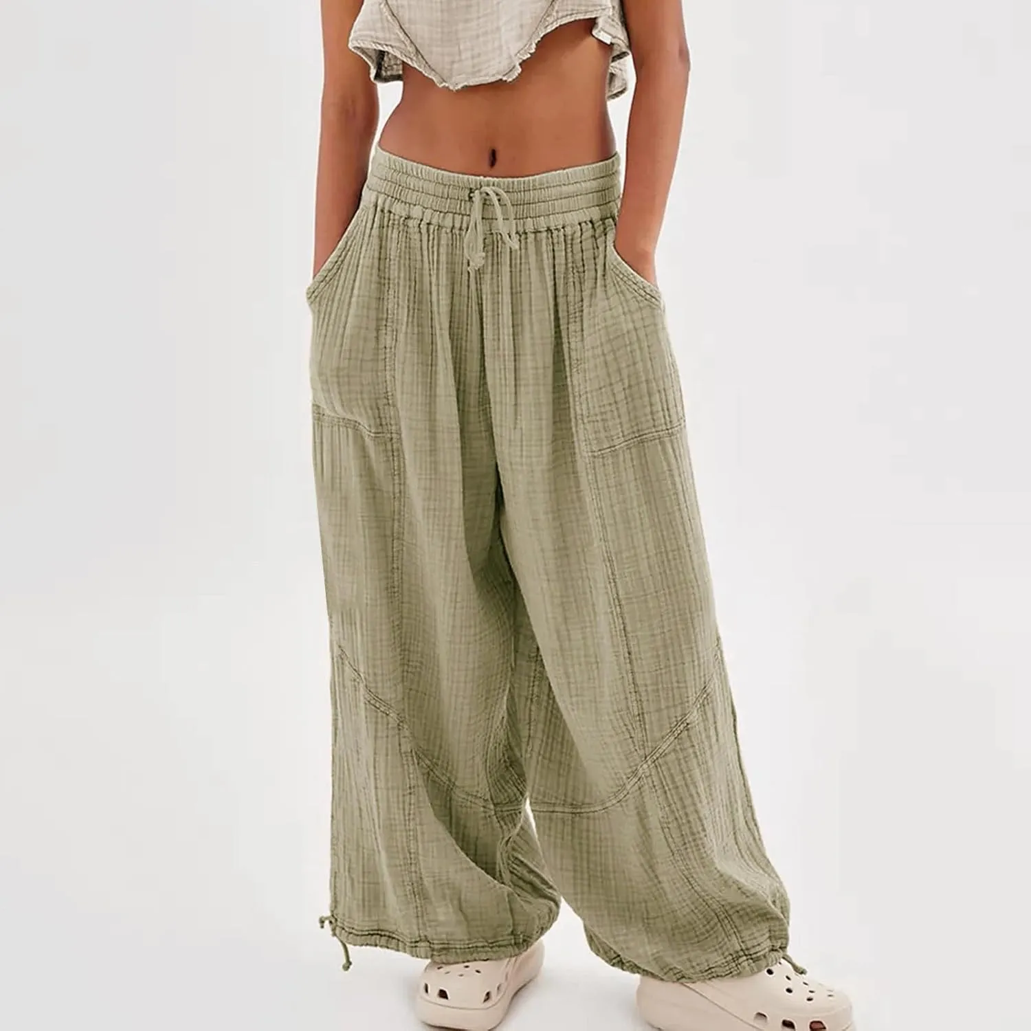 Litetao Wide Leg Pants Women Plus Size Comfy Hippie Harem Pants Baggy Linen High Waist Sweatpants Casual Trouser with Pockets