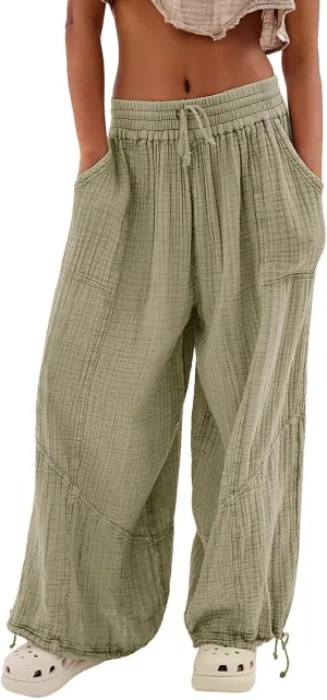 Litetao Wide Leg Pants Women Plus Size Comfy Hippie Harem Pants Baggy Linen High Waist Sweatpants Casual Trouser with Pockets