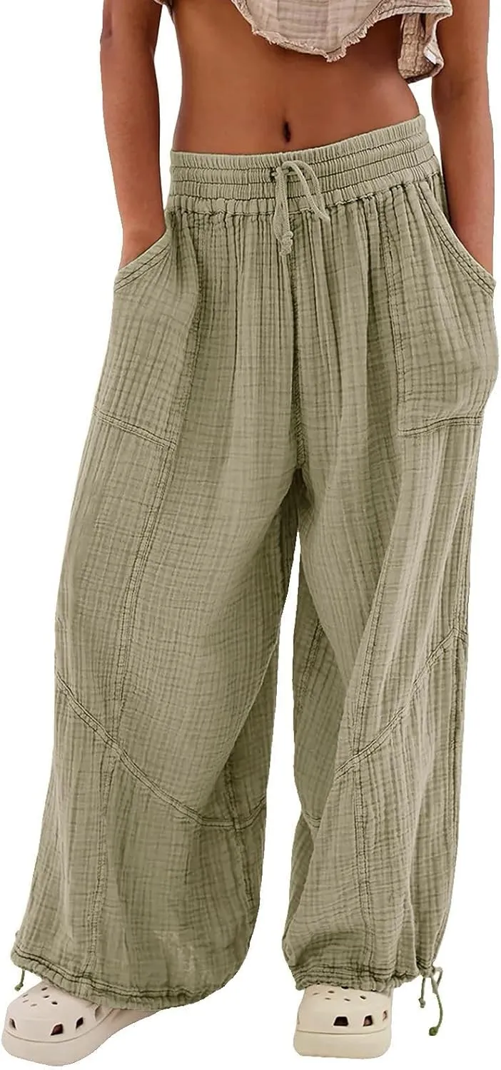 Litetao Wide Leg Pants Women Plus Size Comfy Hippie Harem Pants Baggy Linen High Waist Sweatpants Casual Trouser with Pockets