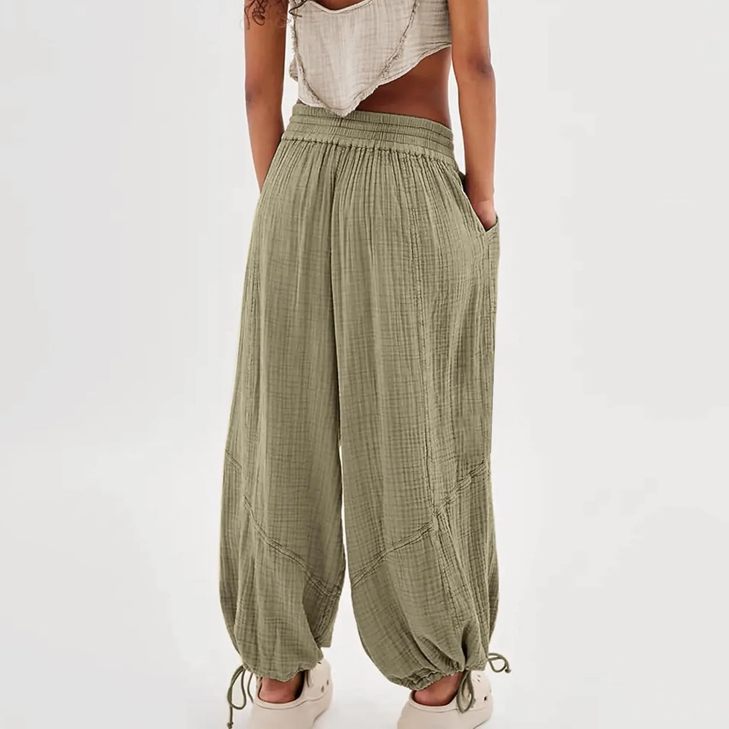 Litetao Wide Leg Pants Women Plus Size Comfy Hippie Harem Pants Baggy Linen High Waist Sweatpants Casual Trouser with Pockets