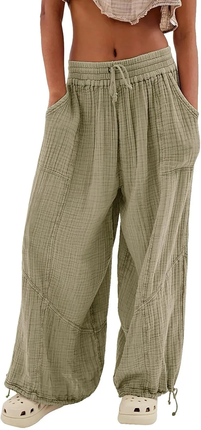 Litetao Wide Leg Pants Women Plus Size Comfy Hippie Harem Pants Baggy Linen High Waist Sweatpants Casual Trouser with Pockets
