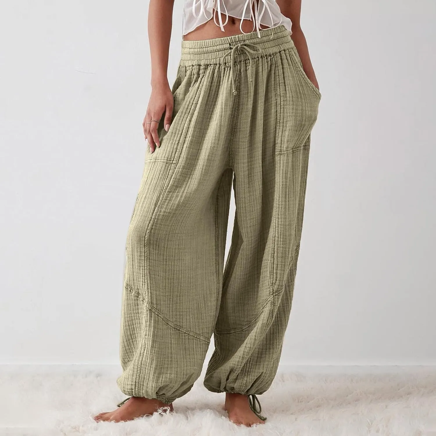 Litetao Wide Leg Pants Women Plus Size Comfy Hippie Harem Pants Baggy Linen High Waist Sweatpants Casual Trouser with Pockets