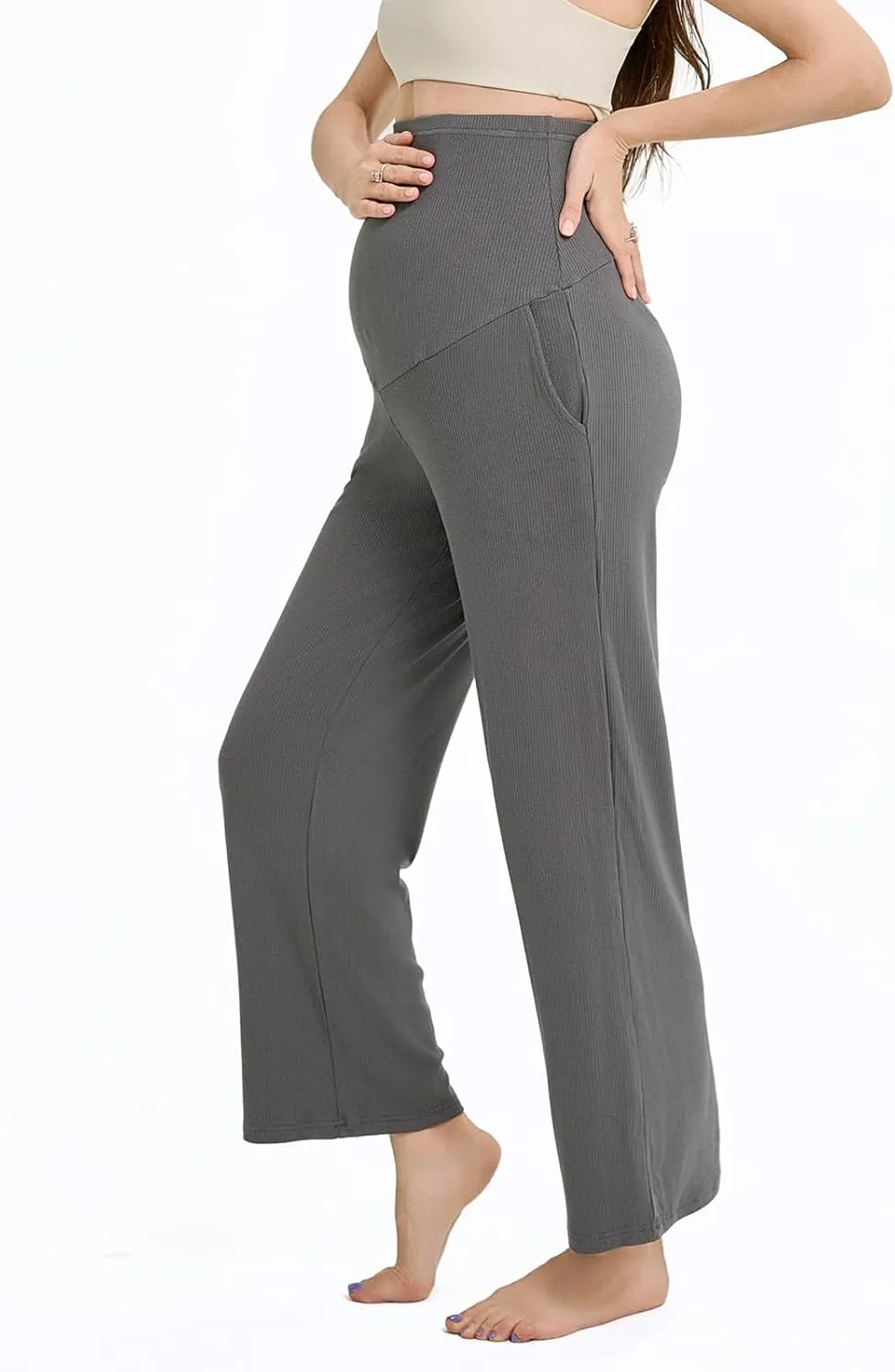 Liu & Qu Womens Maternity High Waisted Lounge Pants Casual Stretchy Ribbed Palazzo Pants Pregnancy Trousers with Pockets