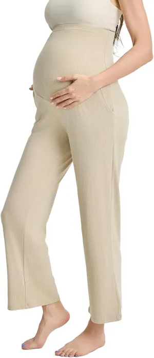 Liu & Qu Womens Maternity High Waisted Lounge Pants Casual Stretchy Ribbed Palazzo Pants Pregnancy Trousers with Pockets