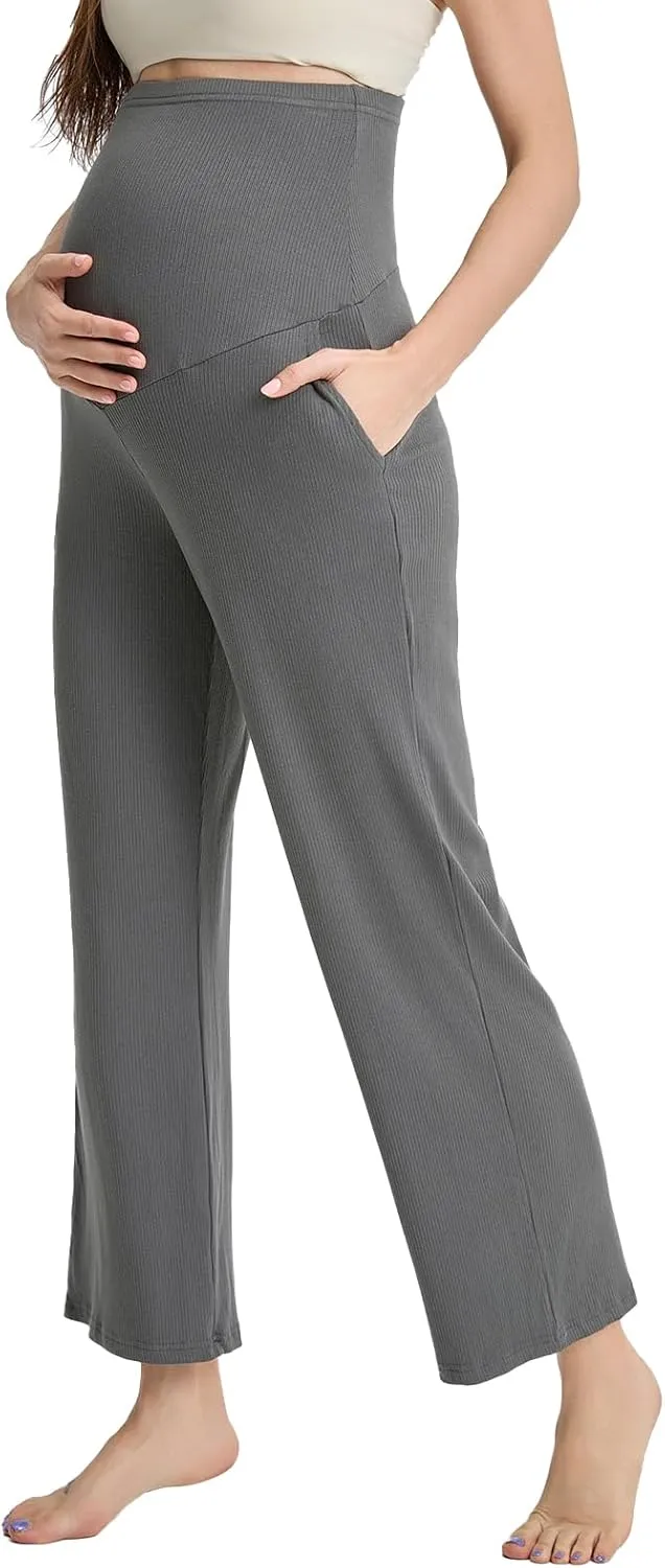 Liu & Qu Womens Maternity High Waisted Lounge Pants Casual Stretchy Ribbed Palazzo Pants Pregnancy Trousers with Pockets