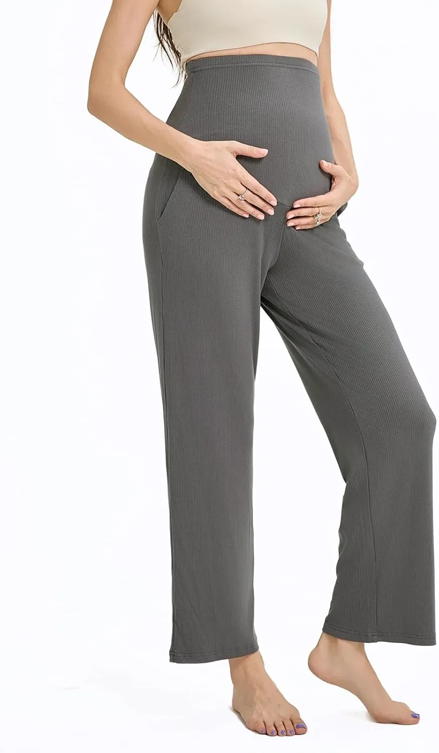 Liu & Qu Womens Maternity High Waisted Lounge Pants Casual Stretchy Ribbed Palazzo Pants Pregnancy Trousers with Pockets
