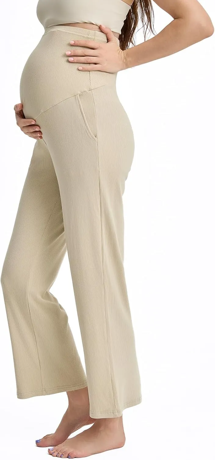 Liu & Qu Womens Maternity High Waisted Lounge Pants Casual Stretchy Ribbed Palazzo Pants Pregnancy Trousers with Pockets