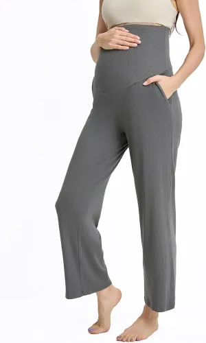 Liu & Qu Womens Maternity High Waisted Lounge Pants Casual Stretchy Ribbed Palazzo Pants Pregnancy Trousers with Pockets