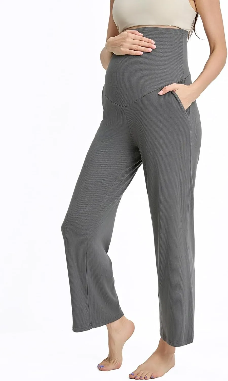 Liu & Qu Womens Maternity High Waisted Lounge Pants Casual Stretchy Ribbed Palazzo Pants Pregnancy Trousers with Pockets