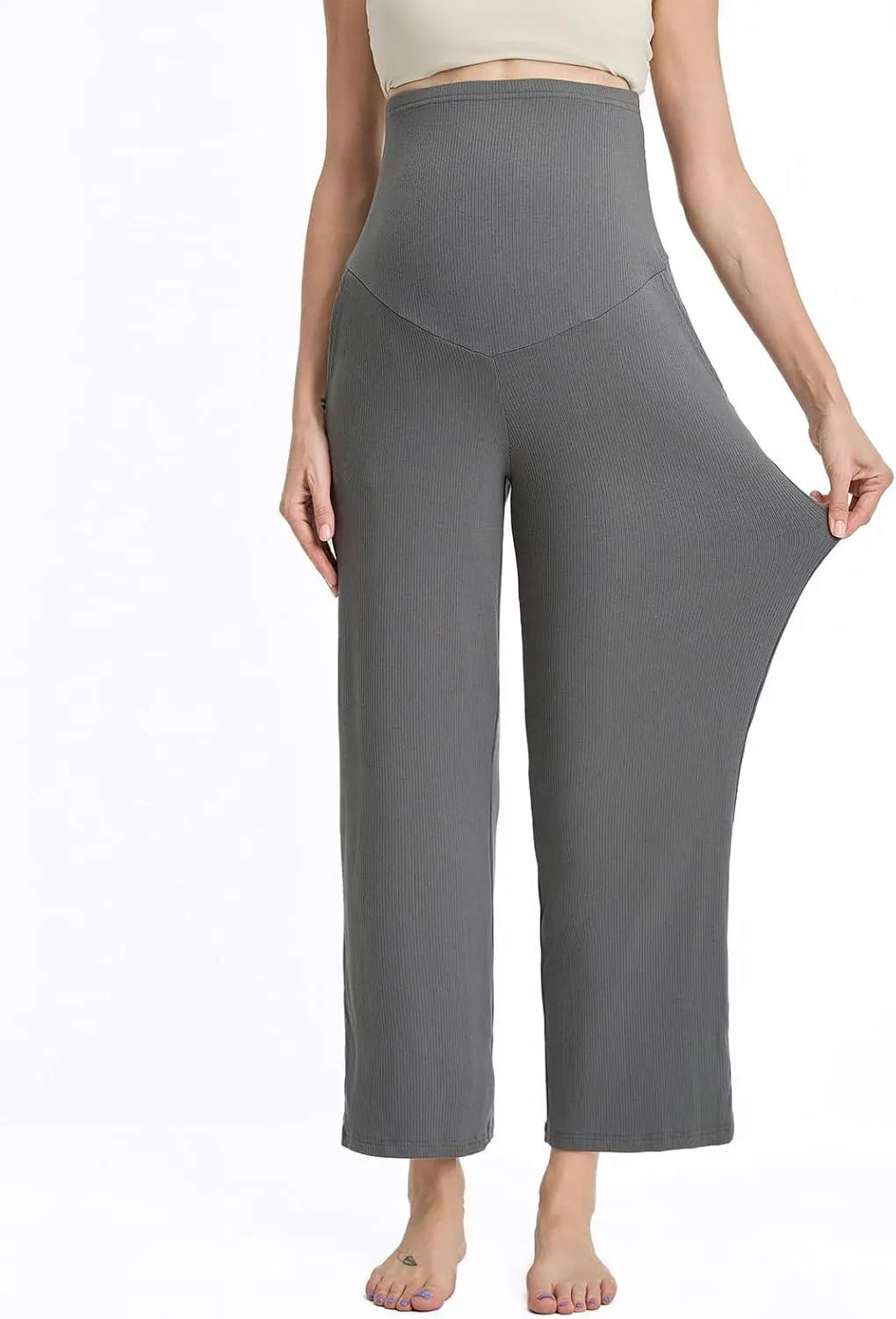 Liu & Qu Womens Maternity High Waisted Lounge Pants Casual Stretchy Ribbed Palazzo Pants Pregnancy Trousers with Pockets