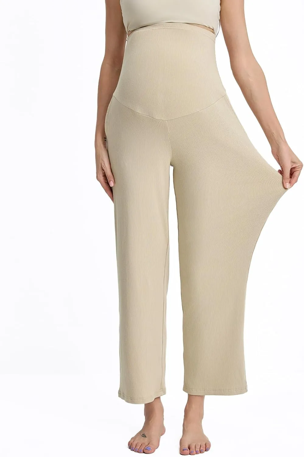 Liu & Qu Womens Maternity High Waisted Lounge Pants Casual Stretchy Ribbed Palazzo Pants Pregnancy Trousers with Pockets