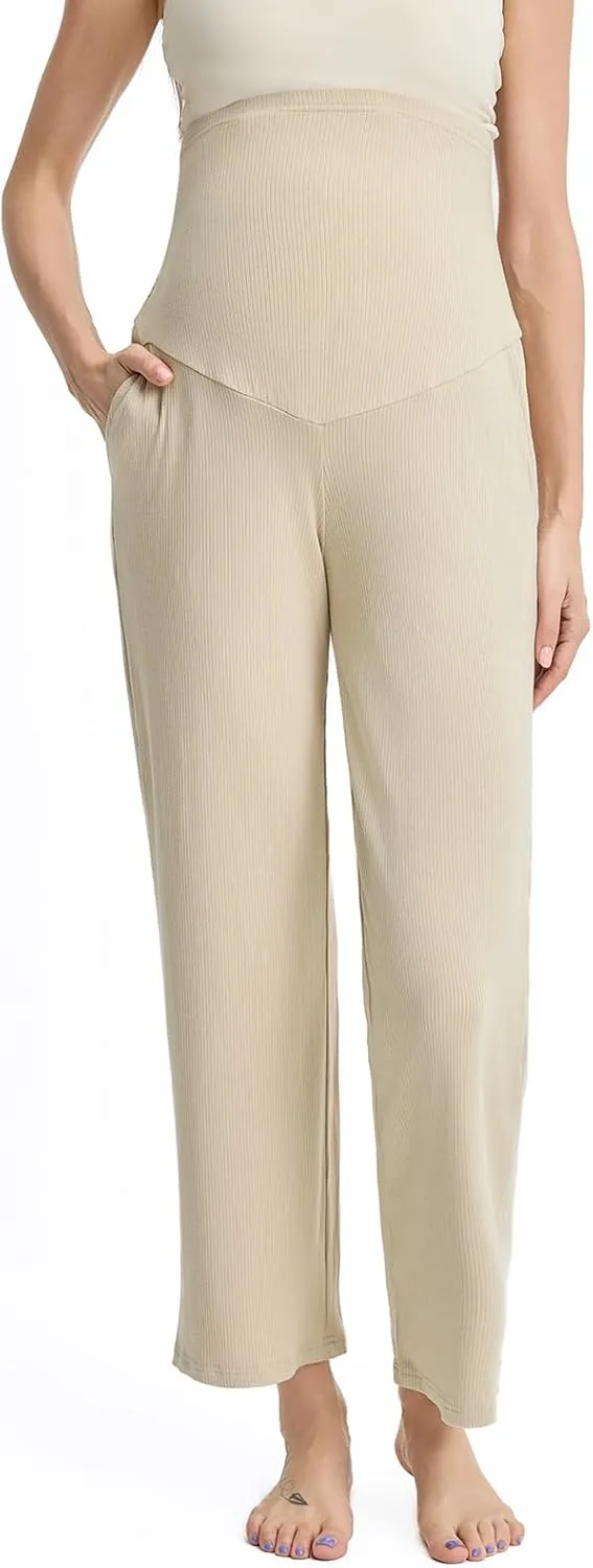 Liu & Qu Womens Maternity High Waisted Lounge Pants Casual Stretchy Ribbed Palazzo Pants Pregnancy Trousers with Pockets